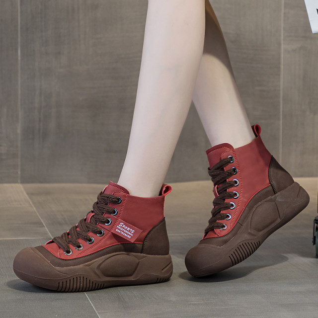 Casual thick sole women's shoes flat leather daddy shoes 2025 autumn new versatile high-top single shoes sports shoes trendy