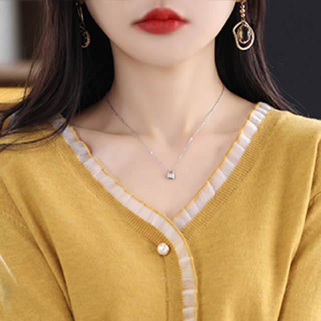 Hengyuanxiang knitted sweater single-breasted solid color sweater lace edge sweater fake cardigan long sleeve thin jacket V-neck women's clothing

