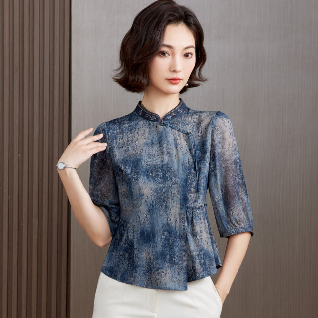 Chinese stand-up collar mother dress mulberry silk top for women 2025 summer national style printed heavy silk shirt for women