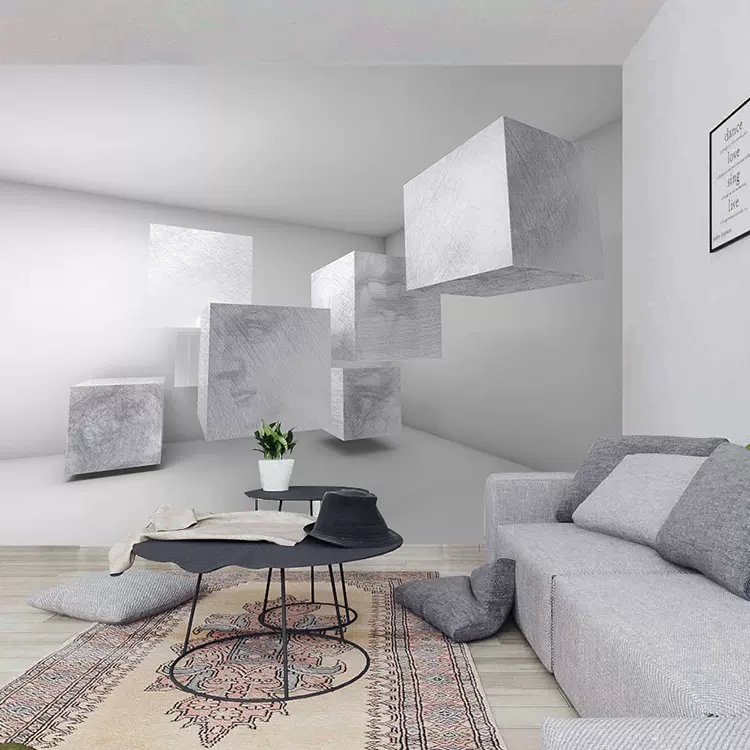 立体几何工业风墙纸3d延伸空间壁纸简约潮流奶茶店背景墙素描