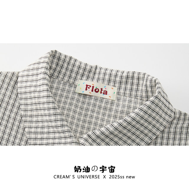 Cream universe bow plaid polo collar doll shirt short-sleeved women's college style slim puff sleeve top