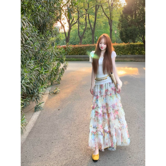 
QIAN French retro elastic waist floral mesh skirt 2025 new fashionable and beautiful vacation cake skirt