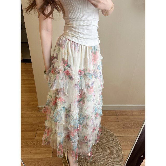 
QIAN French retro elastic waist floral mesh skirt 2025 new fashionable and beautiful vacation cake skirt