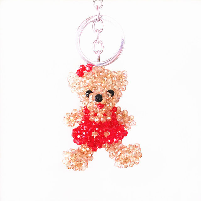 Crystal beads hand-crafted cute couple teddy bear keychain car ornament accessories bag pendant
