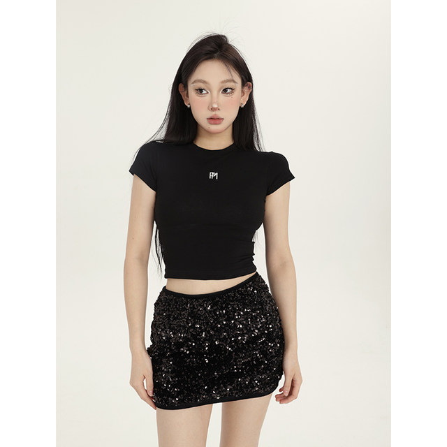 PEMPL short-sleeved T-shirt for women in summer new solid color slim short round neck T-shirt European and American simple versatile top trendy
