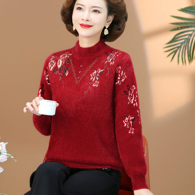 Mother's new sweater 2024 autumn and winter thickened mink velvet top middle-aged and elderly women 50 years old warm base layer shirt
