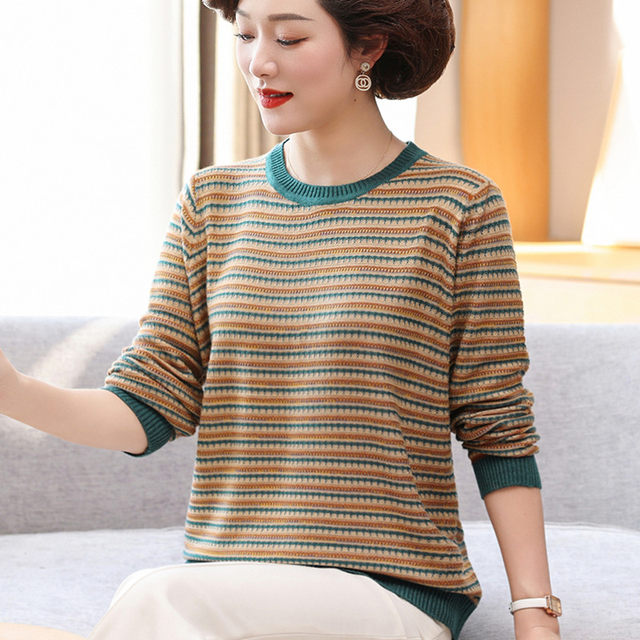 Mom's autumn clothes fashionable sweater long-sleeved top middle-aged women's spring and autumn base shirt middle-aged and elderly thin knitted T-shirt