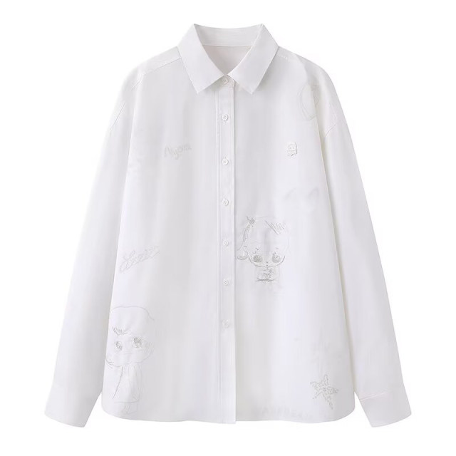 Long-sleeved lapel white shirt 2025 spring new style emotional cartoon children's fun graffiti loose silhouette versatile top for women