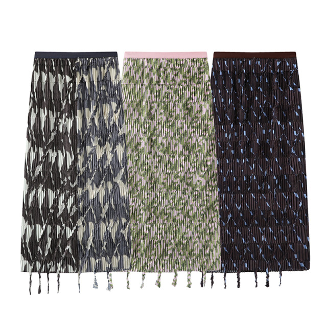 2025 summer new retro casual versatile basic printed pleated streamer design pleated skirt
