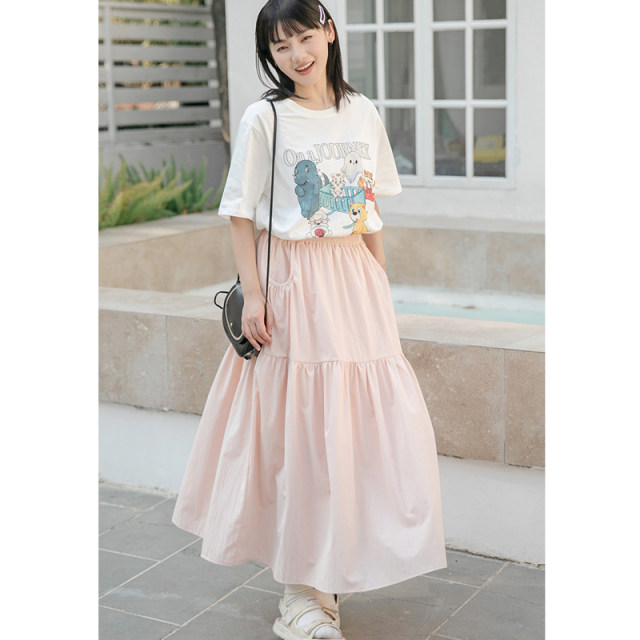 2025 summer new elastic waist versatile skirt white interfacial bag A-line skirt high-waisted slim mid-length skirt