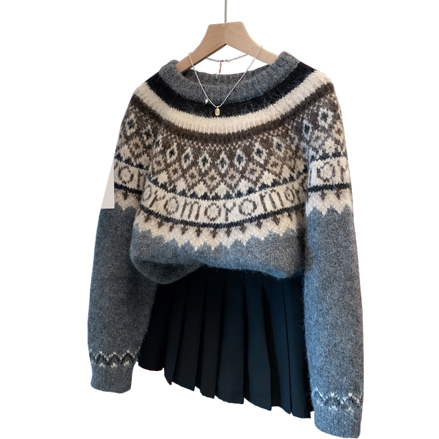 Round neck Fair Island sweater for women thickened base shirt 2025 spring and autumn new pullover loose knit sweater underwear top