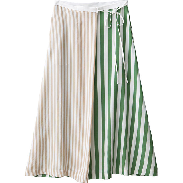 Asymmetric contrasting stripes splicing! Lace-up A-line silk mid-length skirt for women Spring and summer q