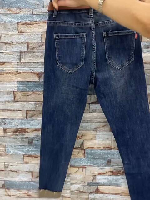 European Station 2023 autumn new heavy industry star hot drill hole denim small feet nine-point elastic pencil pants