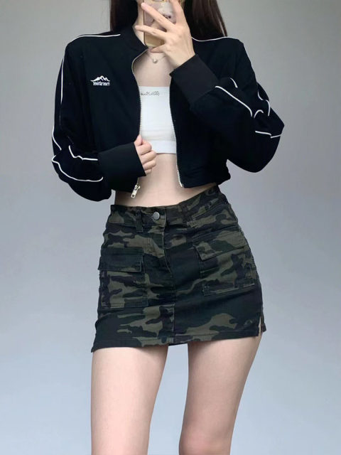 American retro camouflage work skirt autumn and winter high waist slimming pocket hot girl hip skirt A-line skirt miniskirt