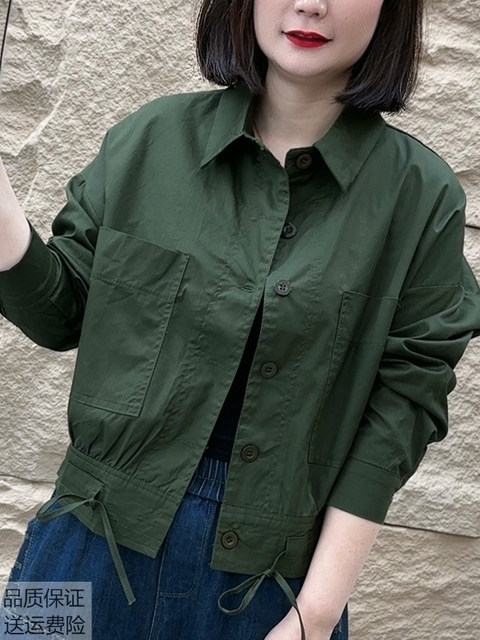 Middle-aged women's spring twill cotton solid color short jacket casual mother's suit loose large size lapel top thin

