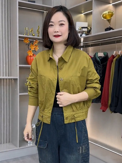 Middle-aged women's spring twill cotton solid color short jacket casual mother's suit loose large size lapel top thin
