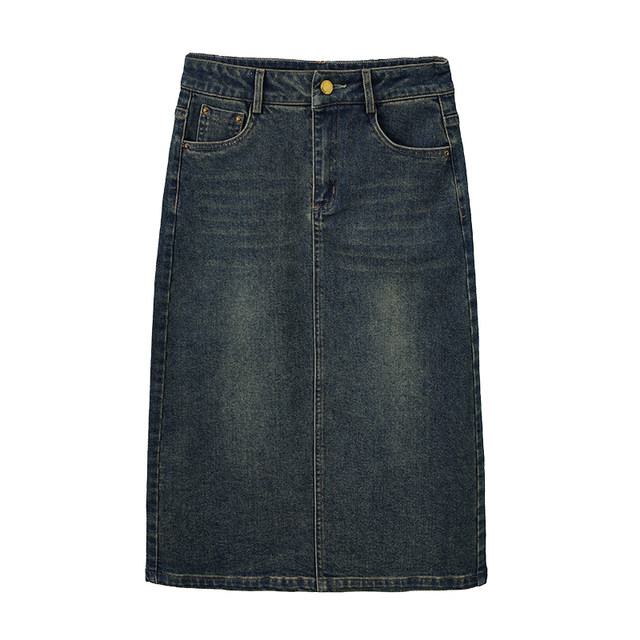 Retro blue denim skirt for women in summer 2025 new high-waisted A-line mid-length hip-pack skirt slit one-step skirt
