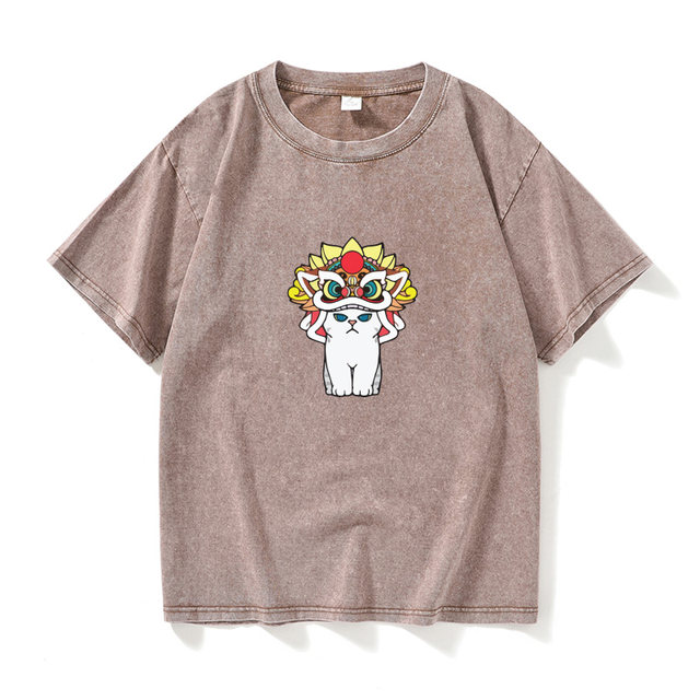 Cat pattern lion head T -shirt short -sleeved black clothes female male round neck large size loose summer couple clothes on cotton
