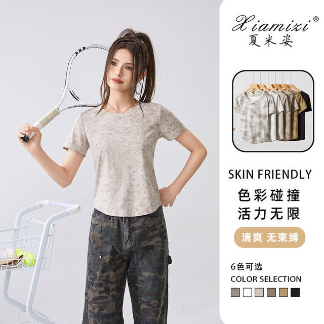 
American white tie-dyed shoulder short-sleeved T-shirt for women in spring and summer retro slim waist-hugging short top design