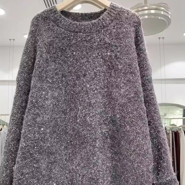 Sequin round neck pullover sweater for women in winter new lazy style versatile loose casual knitted base shirt 0.48