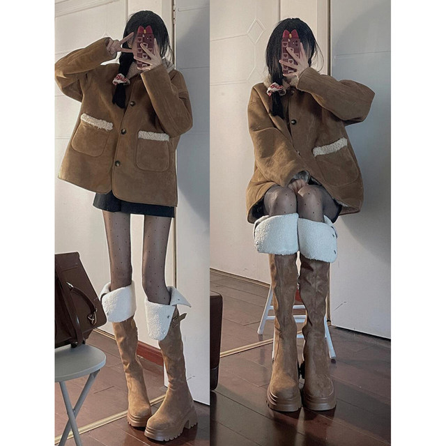 Uncle Six Points Thick-soled Two-Wear Maillard Knight Boots Women's Autumn and Winter New Style Little People's Heightened Over-the-Knee Long Boots