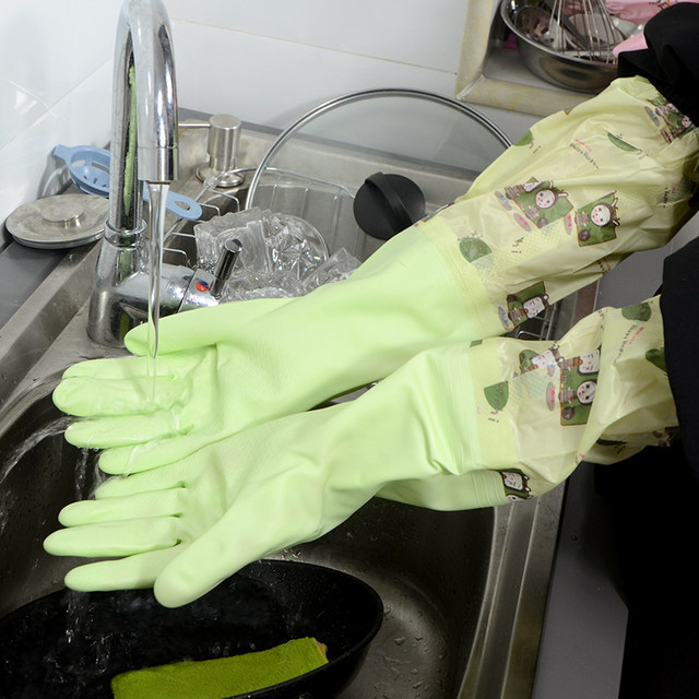 Household dishwashing gloves women's kitchen rubber latex housework laundry waterproof plastic rubber durable plus velvet thickening