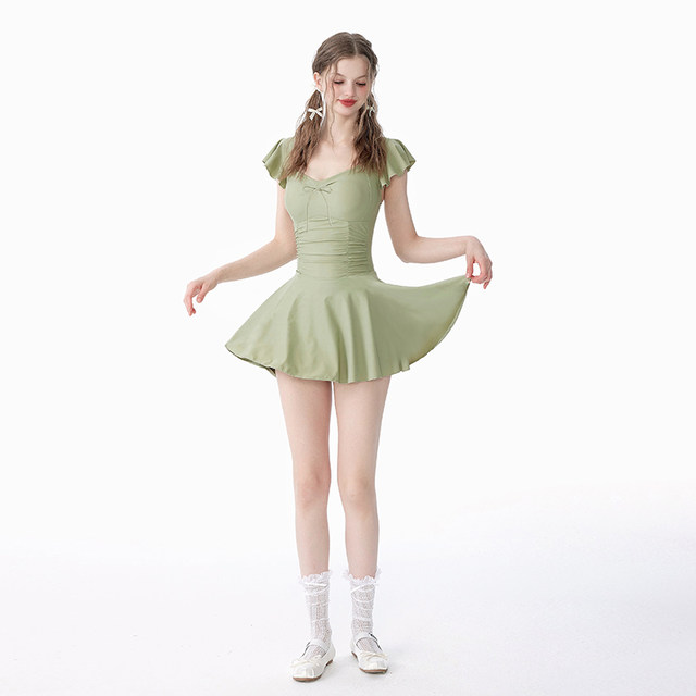 Masked cat swimsuit women's 2025 new one-piece conservative skirt style avocado green student high-end hot spring swimsuit