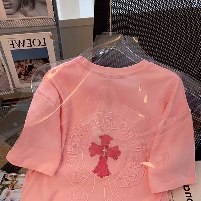 Pink cross flower embroidery short-sleeved T-shirt for men and women in summer pure cotton loose and chic couple large size t-shirt top ins