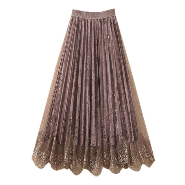 Golden velvet pleated skirt women's spring and autumn retro waist tight waist is thin and versatile A -line lace mesh mid -length skirt