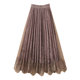 Golden velvet pleated skirt women's spring and autumn retro waist tight waist is thin and versatile A -line lace mesh mid -length skirt