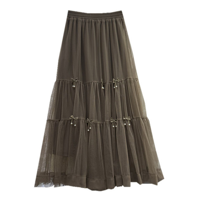 Sweet beaded bow mesh skirt skirt spring and summer new high-waisted spliced ​​cake skirt fairy skirt gauze skirt