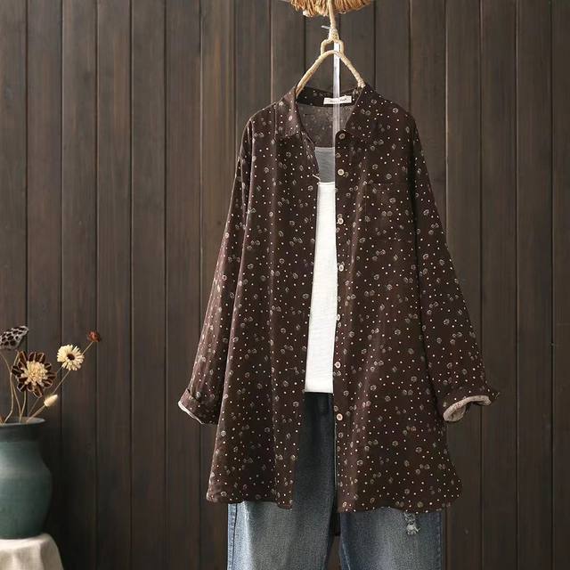 Autumn mid-length floral printed long-sleeved shirt loose casual double-layer cotton tulle cardigan jacket J93