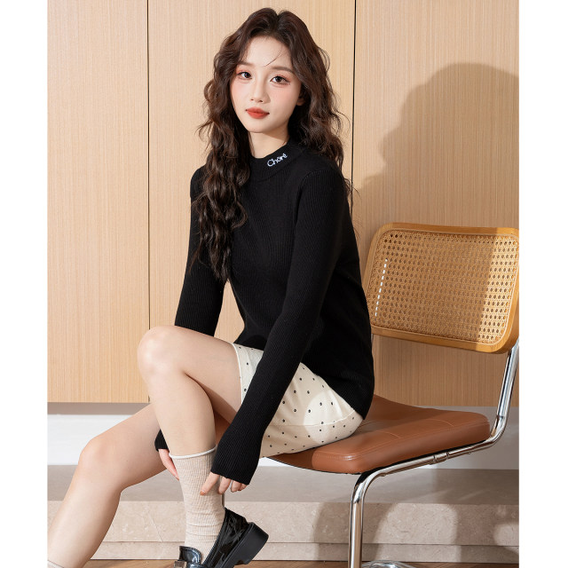Tang Lion Half -neck sweater female 2025 spring new Korean embroidery slim body thin inside shirt shirt