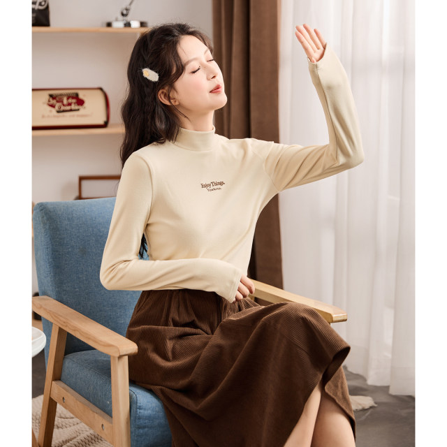 Tang Shi 2025 new spring women's inner bottom shirt half high neck niche long sleeve slim body dress Korean version white