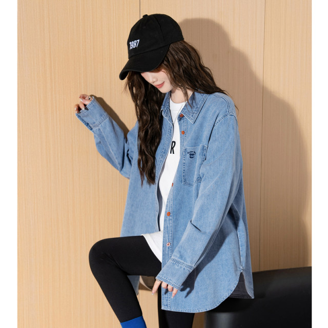 Tang Lion denim shirt women 2025 spring and autumn new style shirt jacket loose college style shirt French women
