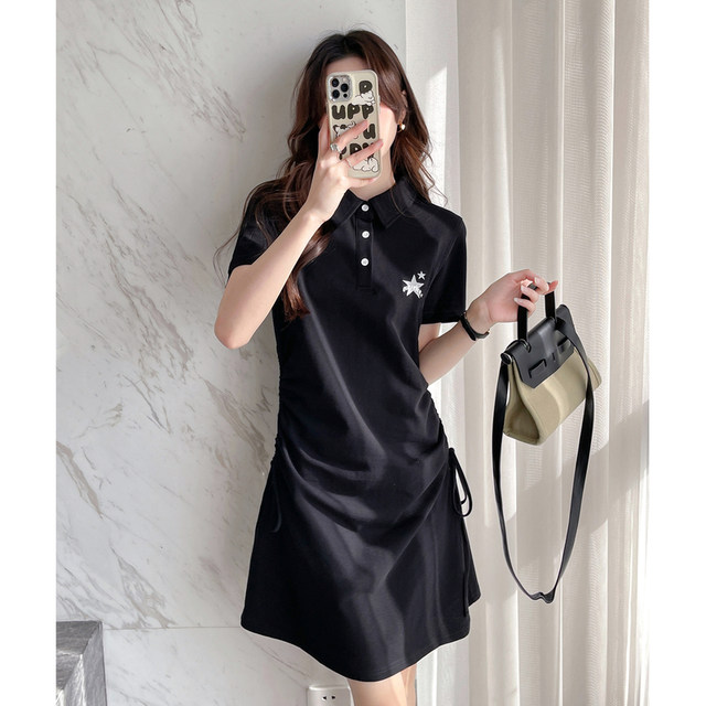 Tang Shi short-sleeved polo collar dress for women 2024 new small casual skirt design drawstring to make them look slim e5