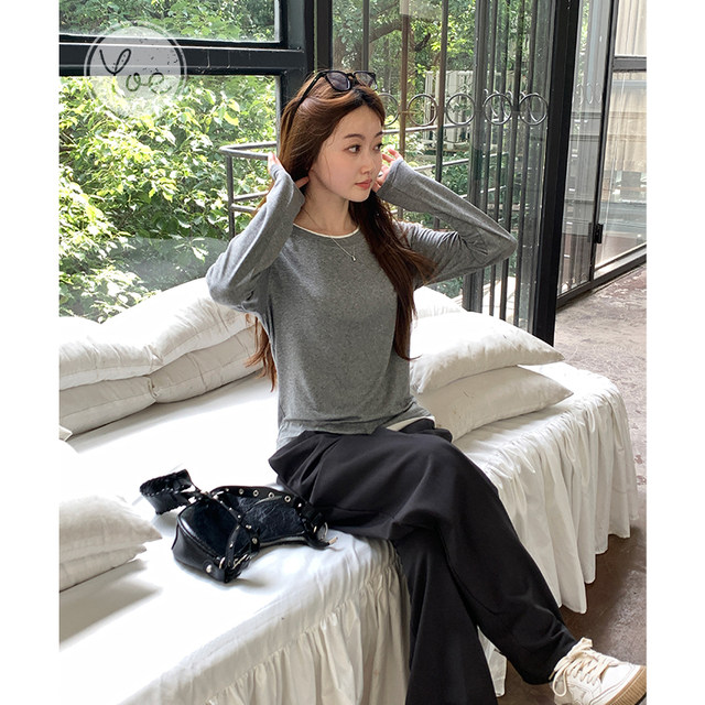 Yoe grey slim base shirt looks slim and layered fake two-piece long-sleeved T-shirt for women in spring and autumn high-end splicing ladies top
