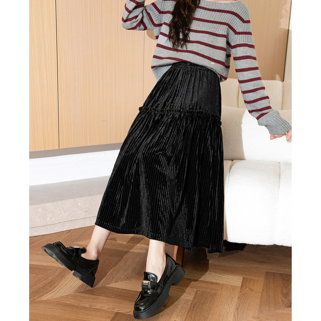 Tang Lion Skirt Women's Women's Autumn Heavy Works Velvet Skirt Elegant Sweet Cake Skirts Covering Belly Skin Umbrella Skirt A
