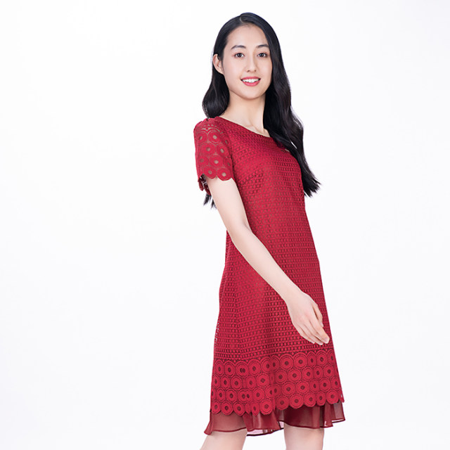 Shengyuzhu women's clothing counter spring and summer solid color bead pattern mid-length mid-waist temperament dress