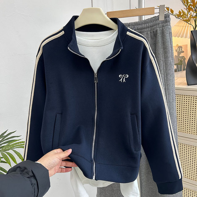 Korean style wear bow zipper sweatshirt jacket stand collar baseball uniform casual sports long sleeve striped cardigan women's spring