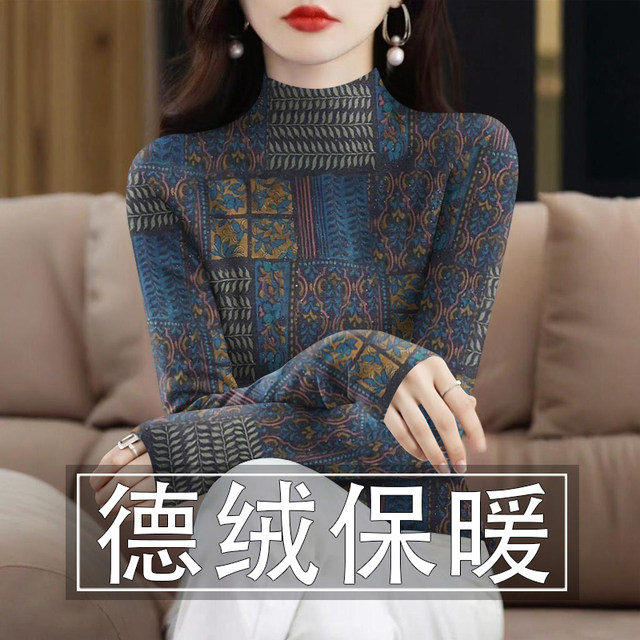 Deye warm printed T -shirt female autumn and winter new temperament mother pretend to be loose large size half -high collar head shirt
