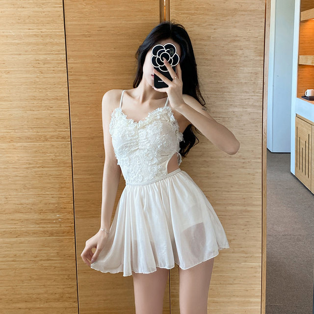 Korean Ins summer new sexy hot girl slimming belly lace strap skirt one-piece swimsuit hot spring swimsuit