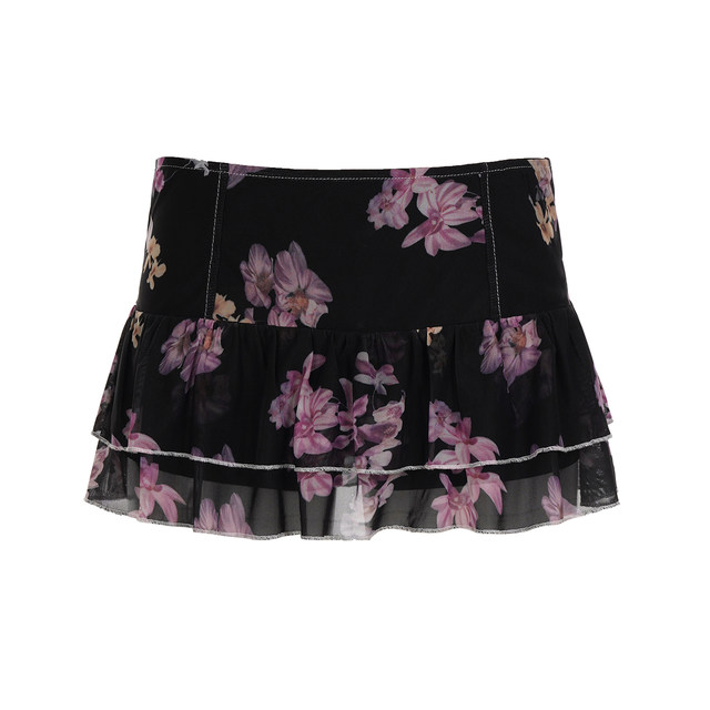 FabGirls romantic floral print cascading low waist cake skirt retro versatile slim mini skirt