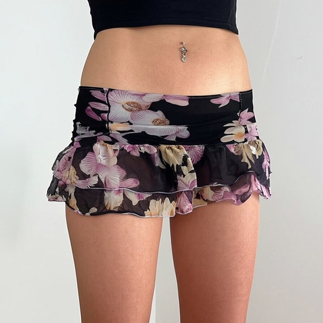 FabGirls romantic floral print cascading low waist cake skirt retro versatile slim mini skirt
