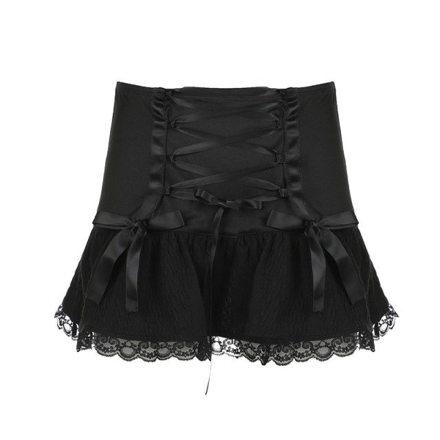 FabGirls Dark Loli bow lace spliced ​​pleated skirt Retro versatile A-line short skirt Winter
