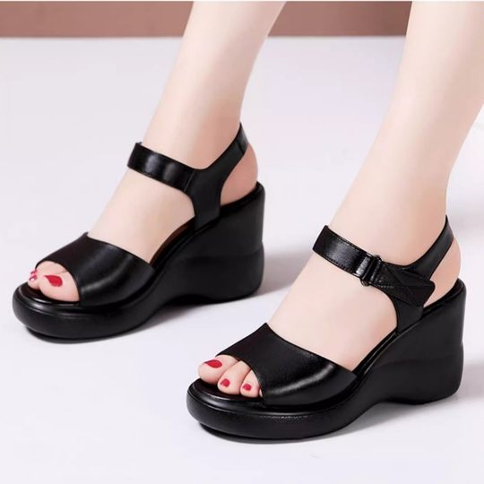 Sandalias de cuña de marca para mujer, novedad de verano 2025, sandalias con plataforma y suela suave y gruesa, cómodas sandalias con punta abierta y tacón medio con Velcro