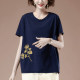 Short -sleeved T -shirt women in summer plus fertilizer, increase women's loose middle -aged mother embroidered casual cotton thin and thin