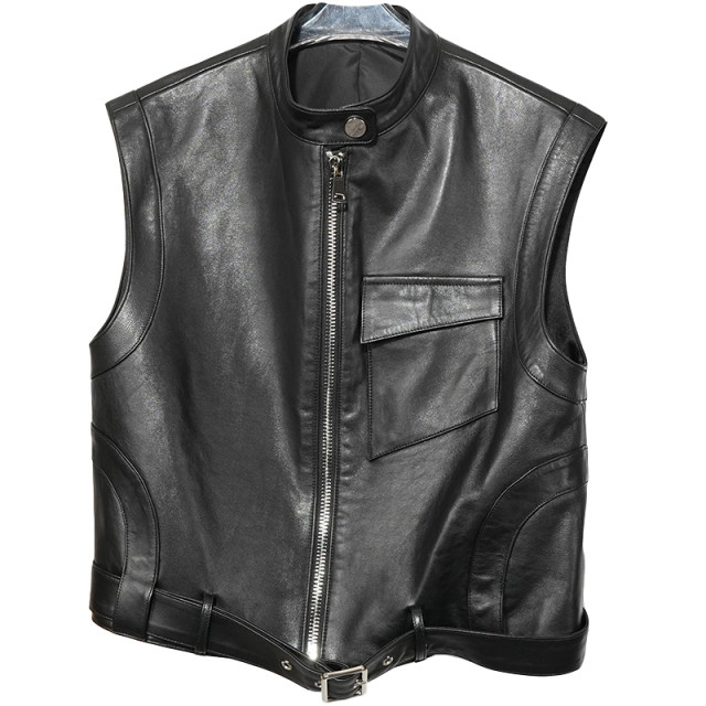 2024 autumn high -level sense stand -up leather vest ladies sheep leather sheepskin vest, shoulder carrier horse clip short jacket