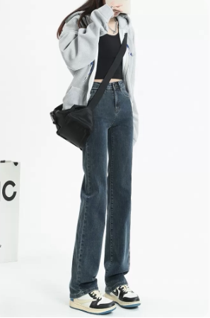 Blue and gray straight-leg jeans for women, high-waisted and slim, 2025 spring and autumn new floor-length cigarette pants plus velvet narrow version wide-leg pants