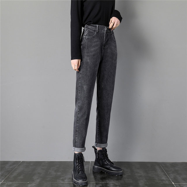 Elastic waist denim women's spring high waist loose harem pants 2024 slim fit elastic straight dad pants